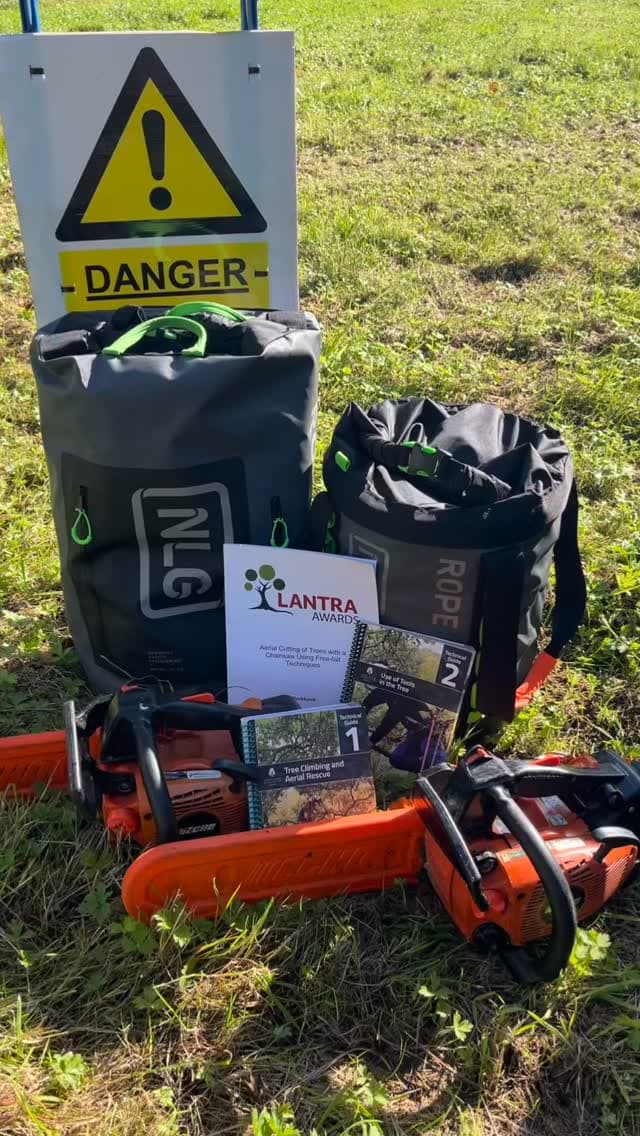 Chainsaw, ropes, and safety equipment displayed outdoors for training